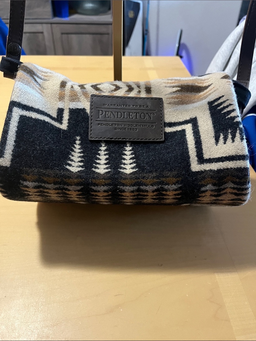 Pendleton Black Cream and Brown Wool Crossbody Bag with Geometric Pattern